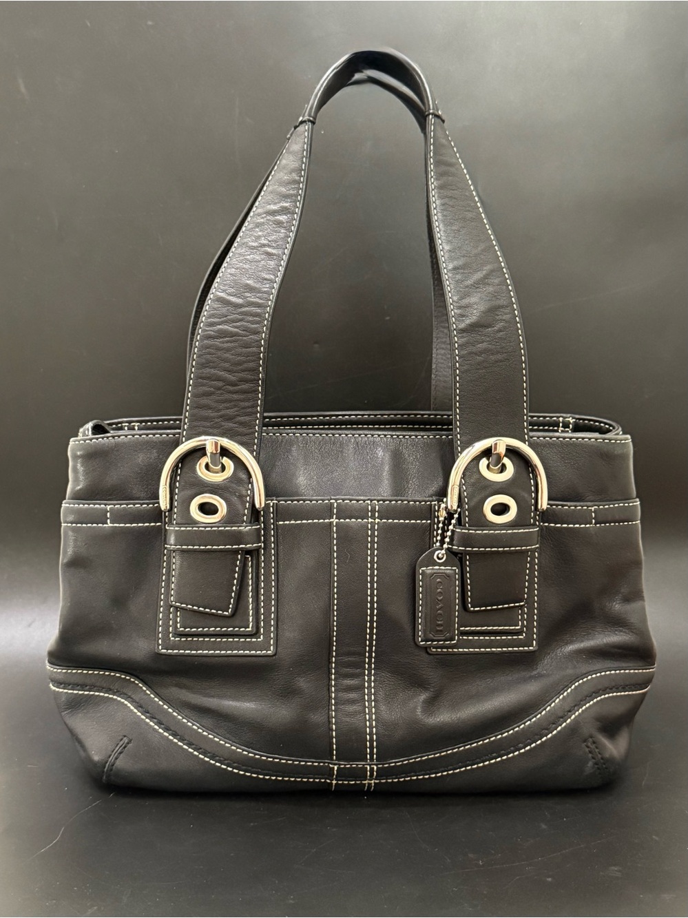 Vintage Y2K COACH F10911 Soho Carryall Satchel Black Leather Contrast Stitching